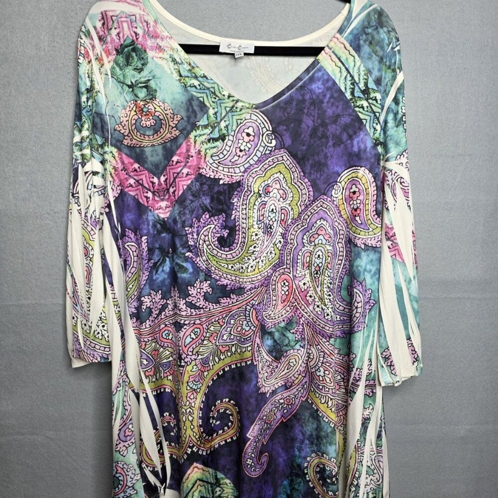 Cover Charge Plus Size 1X  3/4 Sleeve Blouse Lightweight Top Bling Paisley